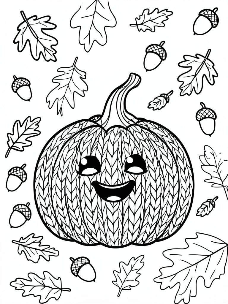 A black and white coloring page shows a large smiling pumpkin in the center with oak leaves and acorns scattered around it.