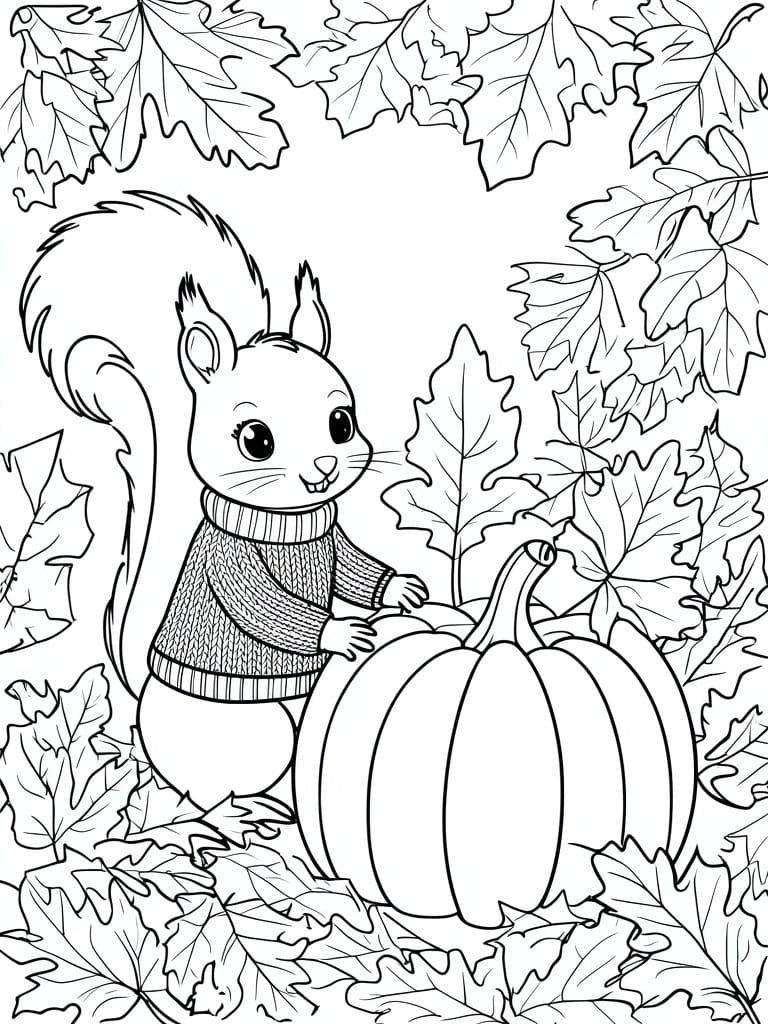 Coloring page of squirrel in sweater beside pumpkin amid autumn leaves.