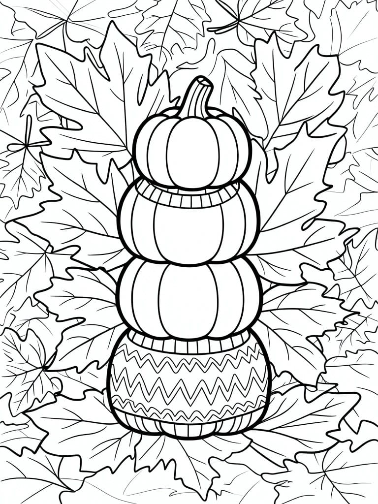 Black and white line art of stacked pumpkins amid autumn maple leaves