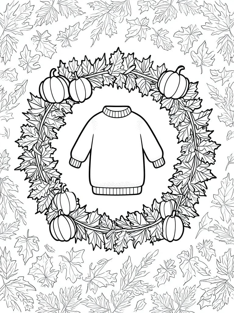 A coloring page with a sweater inside a wreath of leaves and pumpkins and scattered leaves in the background.