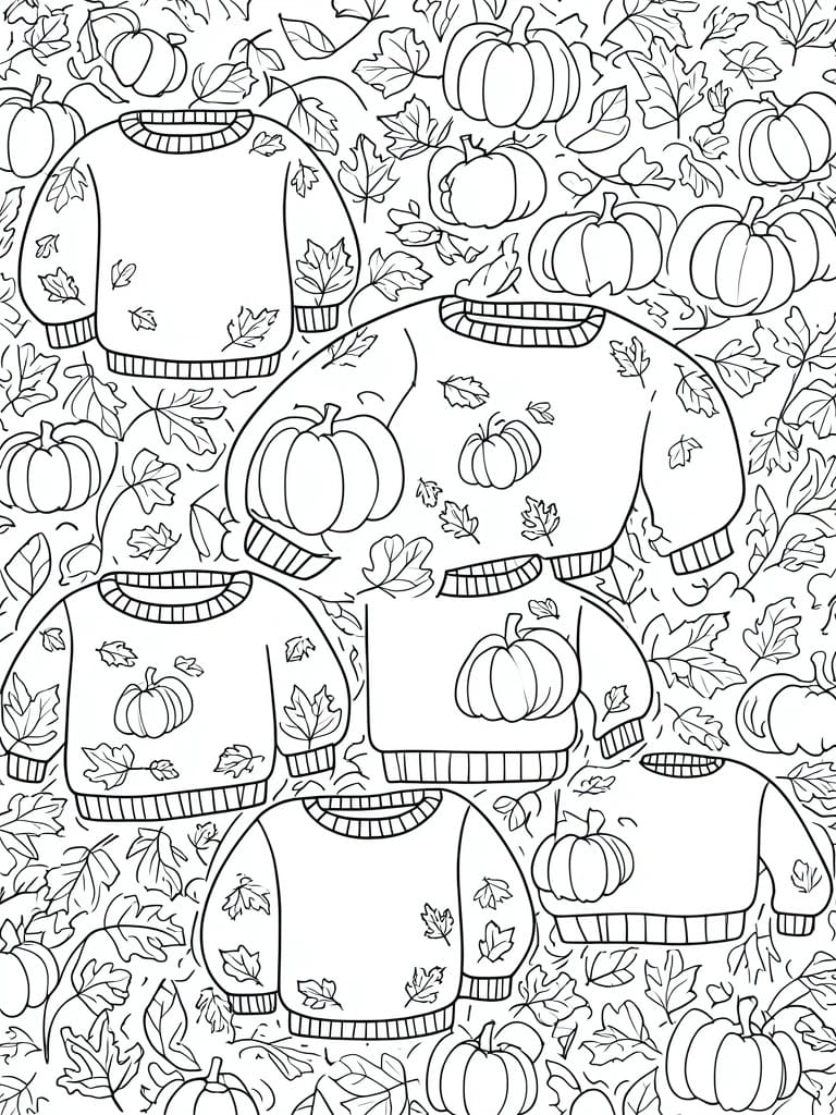 Coloring page featuring sweaters with pumpkin and leaf designs amid fall foliage and pumpkins.