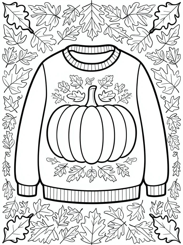 Coloring page showing a pullover sweater decorated with a pumpkin and bordered by fall leaves.