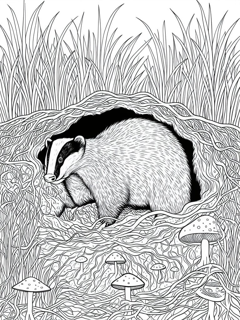 A black and white line drawing of a badger partially inside a burrow with roots, grass, and mushrooms around it.