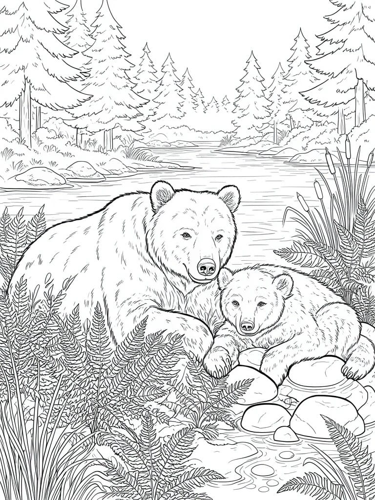 A black and white line drawing of an adult bear and a cub resting on rocks beside a river with forest trees and ferns around them.