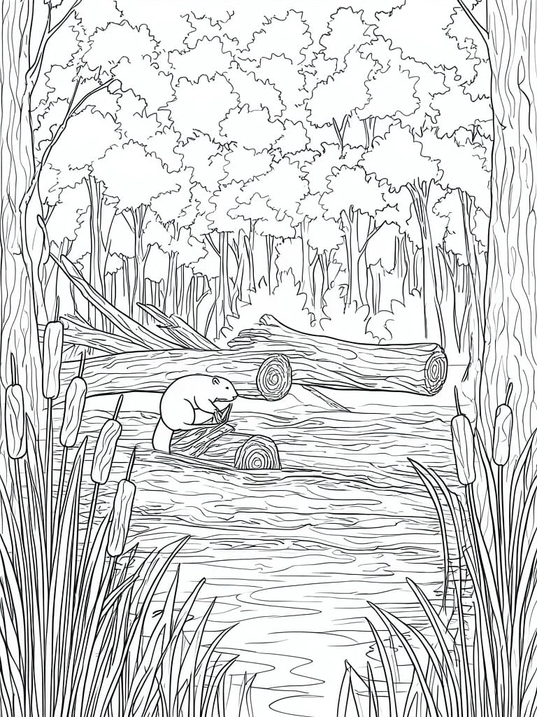 A black and white line drawing of a beaver on logs in a forest stream with trees and cattails.