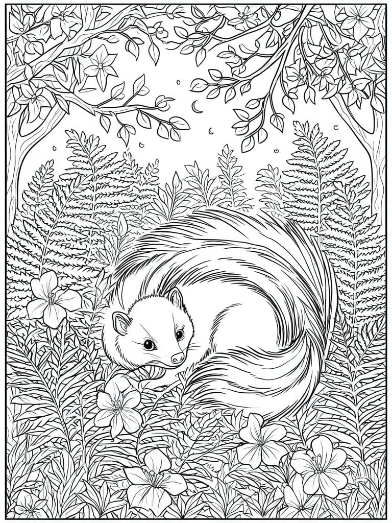 A black and white coloring page shows a small mammal curled among ferns and flowers with tree branches overhead.