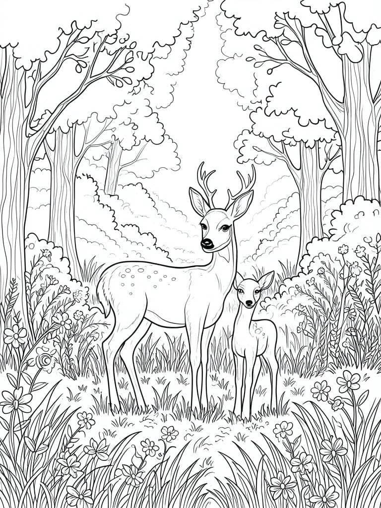 A black and white line drawing of an adult deer and a fawn standing in grass among trees and flowers.