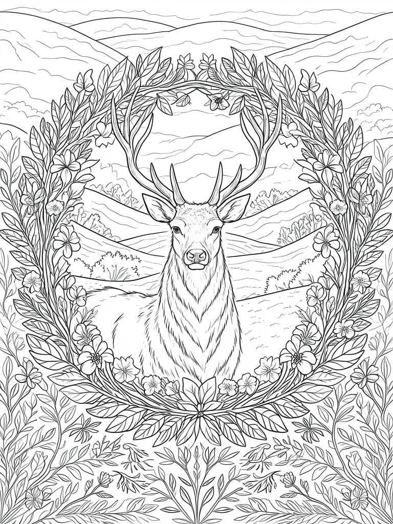 Detailed line art of antlered deer framed by floral wreath in hilly landscape