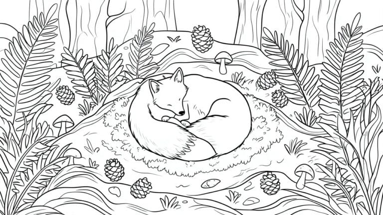 24 Cozy Woodland Animal Coloring Pages Built Around Forest Creatures Two sleeping foxes curled amid ferns and pinecones in forest line art.