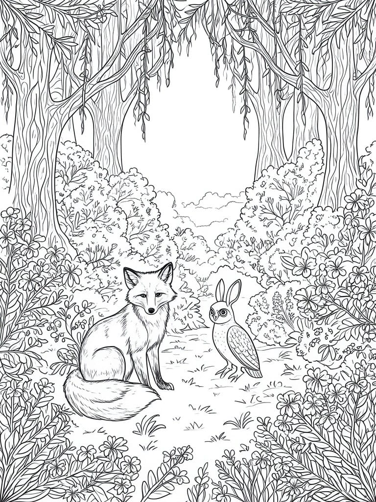 A black and white line drawing of a fox sitting next to an owl on a forest path surrounded by trees and flowers.