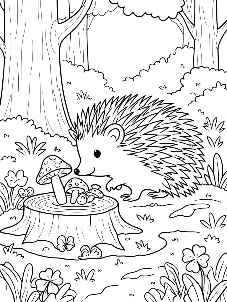 A line drawing of a hedgehog next to mushrooms growing on a tree stump in a forest with trees and plants.