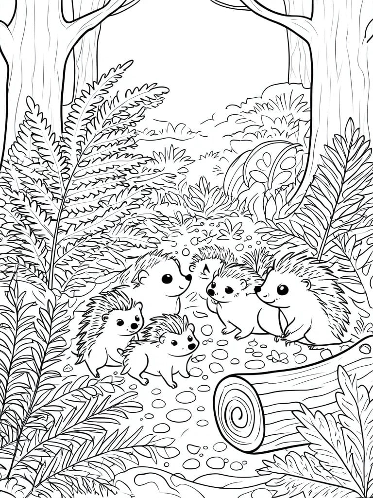 Black and white line drawing of several hedgehogs on a forest path with ferns, trees, and a log.