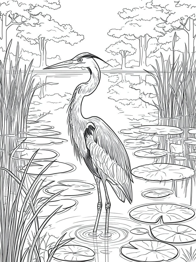 A black and white line drawing of a heron standing in a pond surrounded by lily pads, reeds, and trees.
