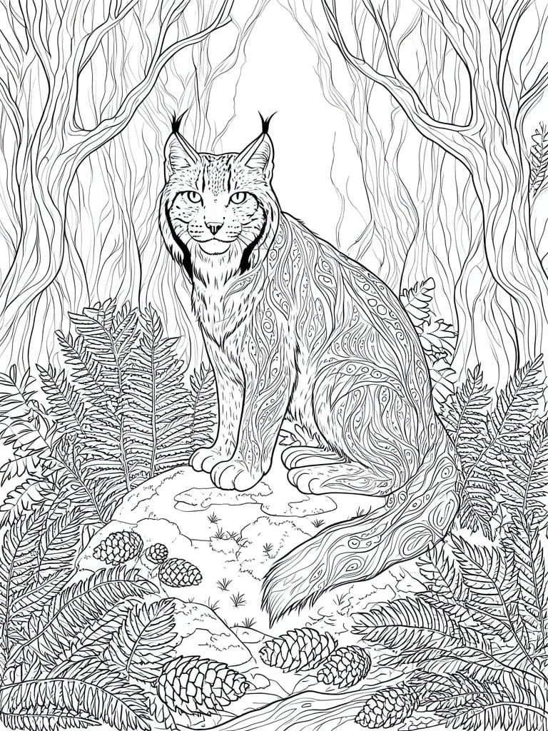 Detailed black-and-white line drawing of a lynx amid forest ferns, trees, and pinecones.