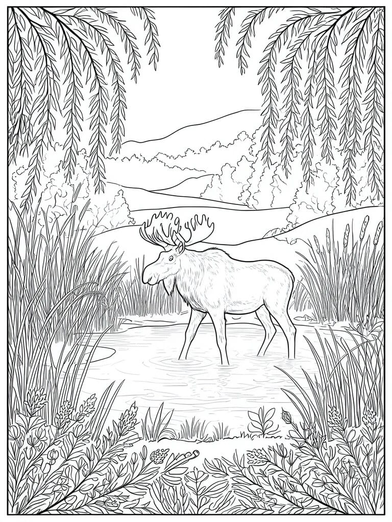A black and white line drawing of a moose standing in a pond surrounded by reeds, plants, and hanging willow branches with hills in the background.