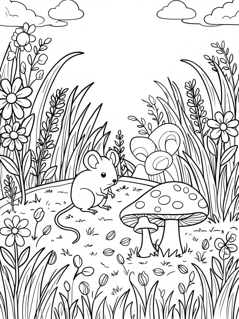 Black-and-white coloring page of a mouse amid flowers, grass, and mushrooms.