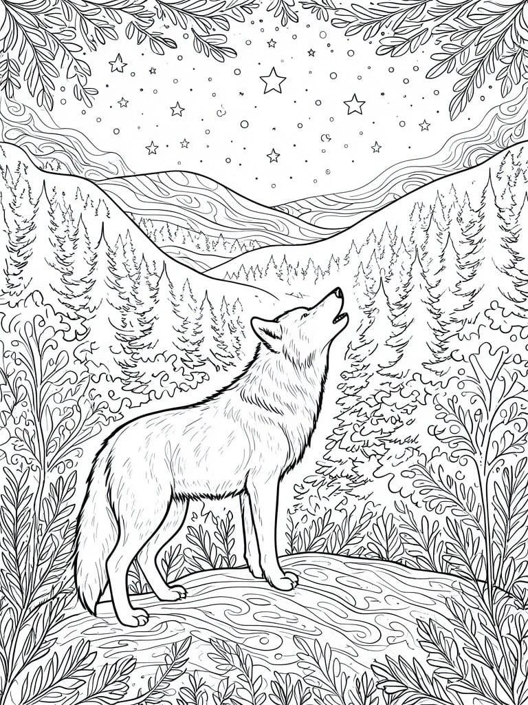 Wolf howling on rock under stars in forest line art scene