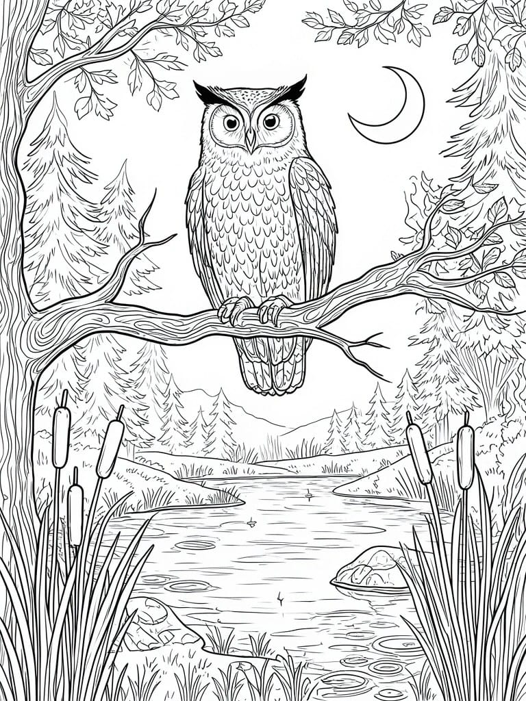 A black and white line drawing of an owl perched on a branch above a river in a forest with a crescent moon, cattails, and trees.