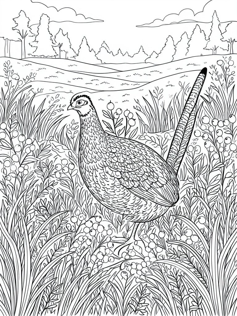 Detailed line drawing of pheasant amid grassy fields, berries, trees, and hills