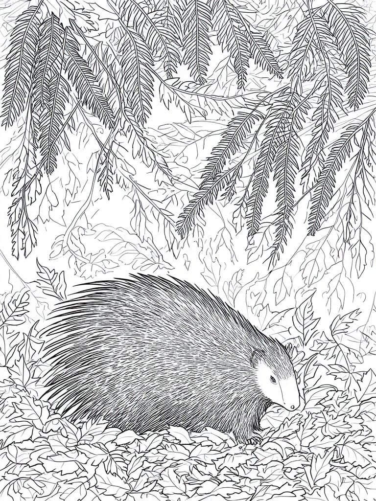 A black and white line drawing of a porcupine on a bed of leaves with ferns and branches overhead.