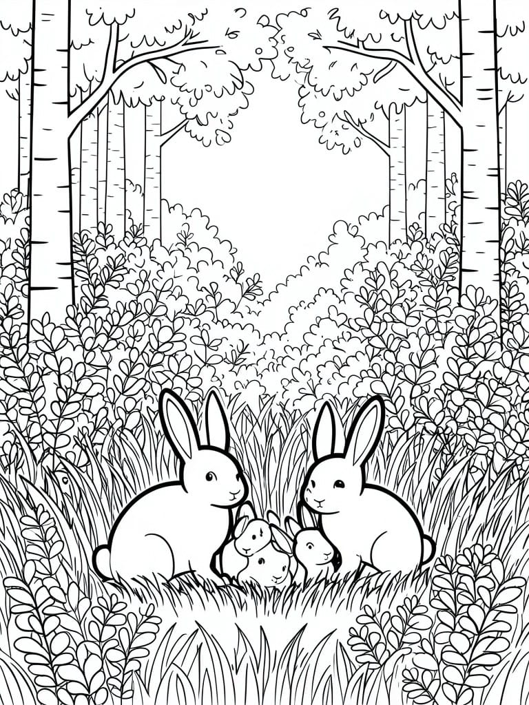 A black and white line drawing of five rabbits sitting in grass with trees and bushes in the background.