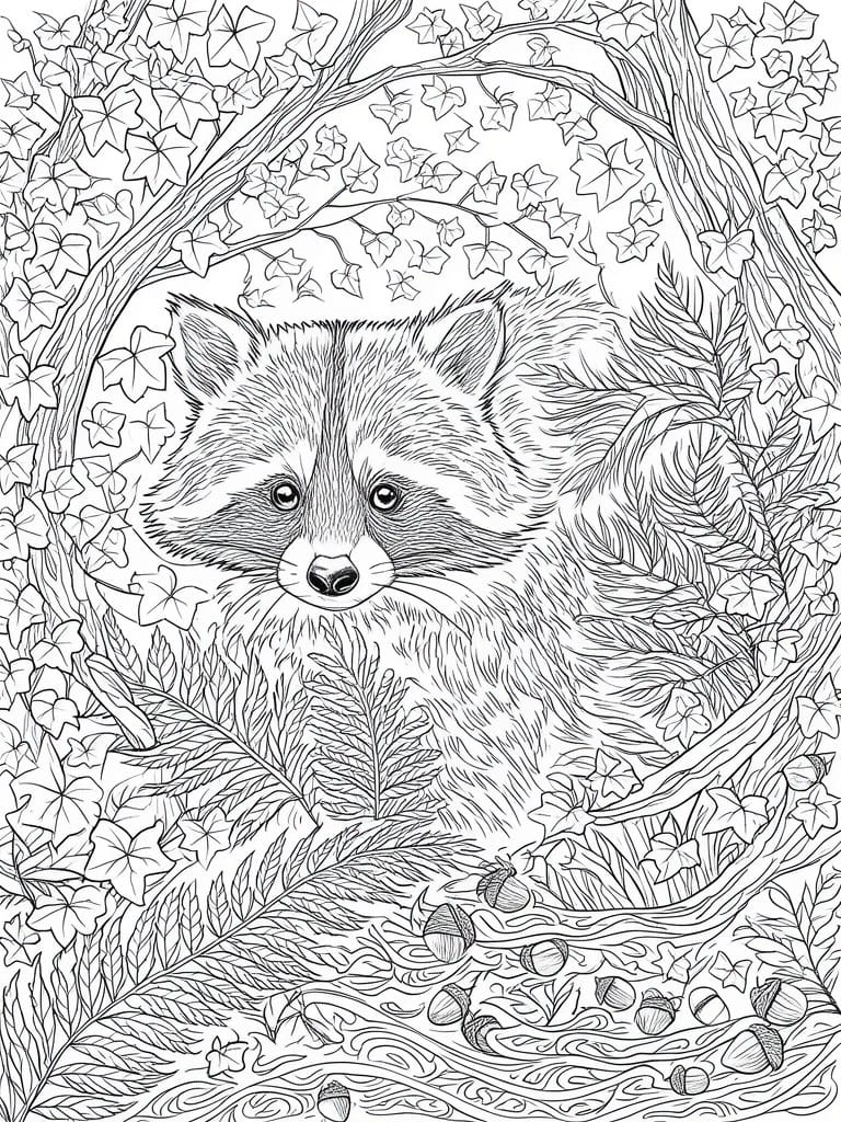 A black and white coloring page featuring a raccoon surrounded by trees, ivy, ferns, and acorns.