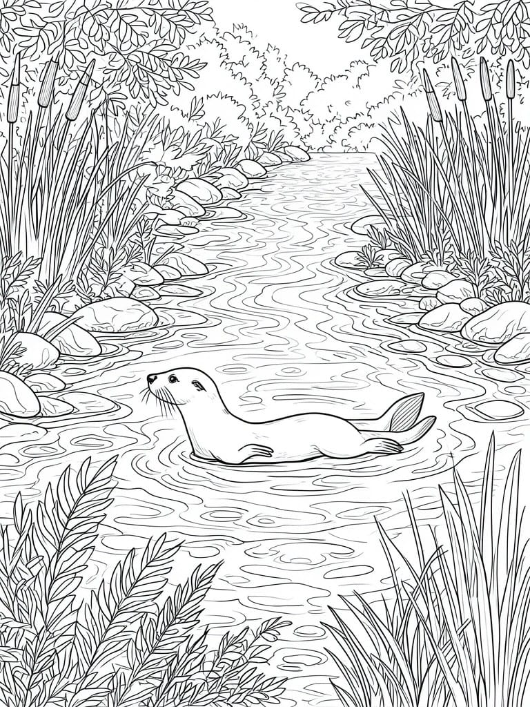 A black and white line drawing of a seal swimming in a river with reeds, rocks, and trees along the banks.