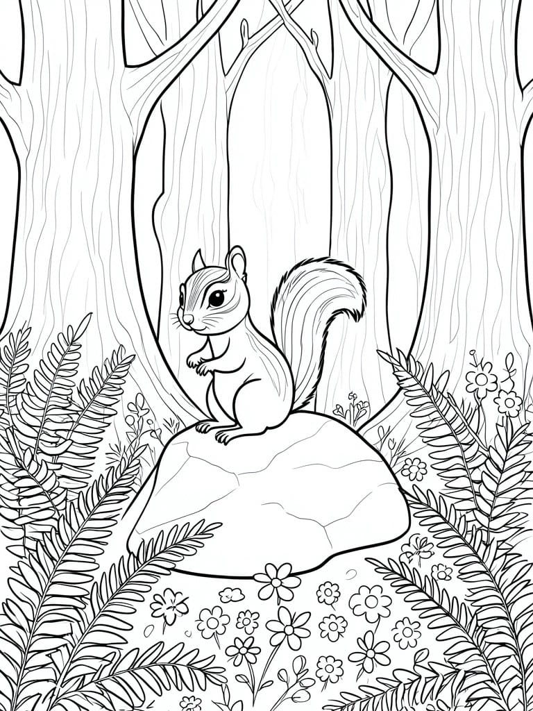 A black and white line drawing of a squirrel sitting on a rock in a forest surrounded by trees, ferns, and flowers.