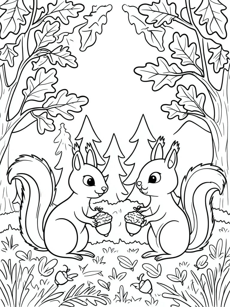 A black and white coloring page of two squirrels holding acorns in a forest with trees and leaves.