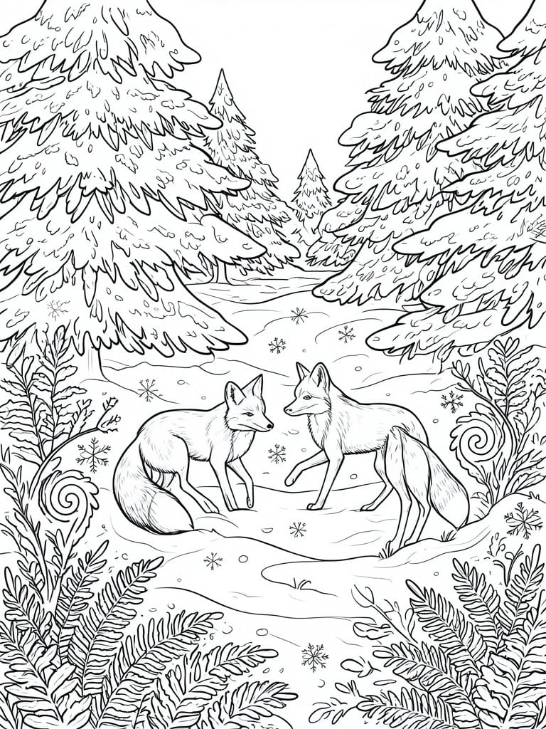 Two foxes facing each other in a snowy pine forest with falling snowflakes.