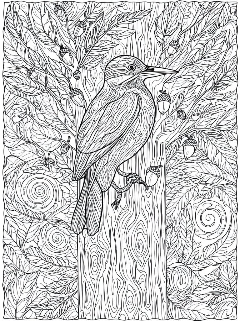 A black and white coloring page shows a bird perched on a tree trunk with leaves and acorns around it.