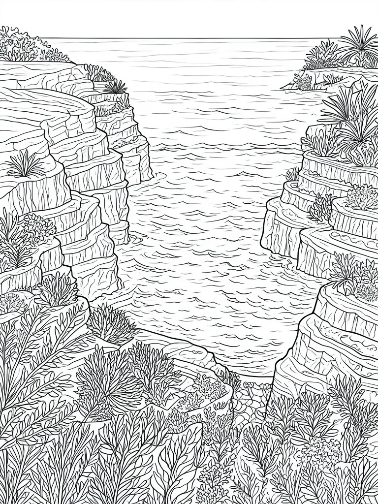 Line art of layered ocean cliffs with waves and lush coastal plants