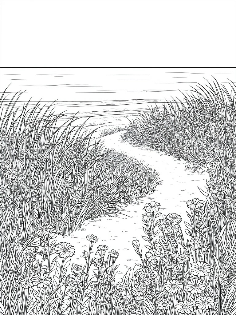 Winding path through tall grasses and wildflowers leading to the sea.