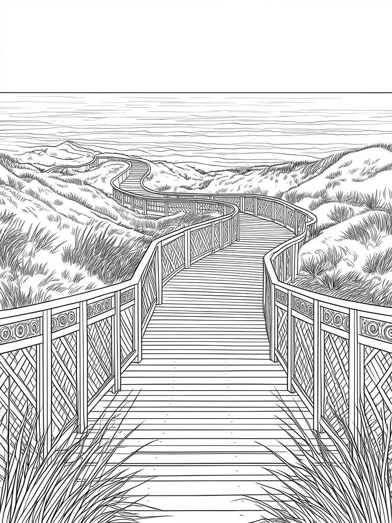 Black and white drawing of curving wooden boardwalk through grassy dunes overlooking ocean.