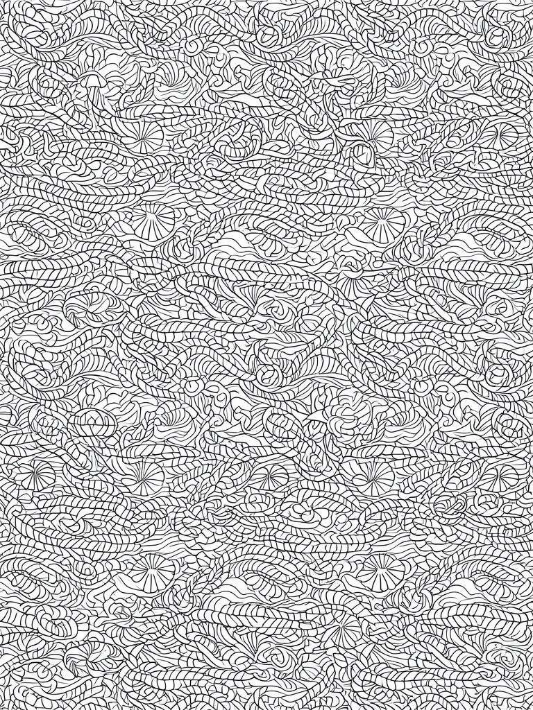A black and white coloring page filled with dense, repeating swirls, waves, and small fan-shaped flowers across the entire sheet.