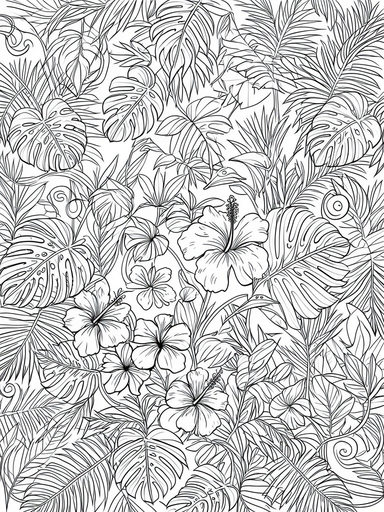 A black and white coloring page filled with overlapping tropical leaves and hibiscus flowers in a dense jungle arrangement.