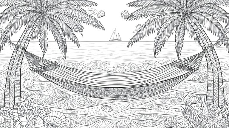 25 Fresh Relaxing Summer Coloring Pages for Laid-Back Creative Energy Coloring page of hammock between palm trees overlooking ocean with sailboats and shells.