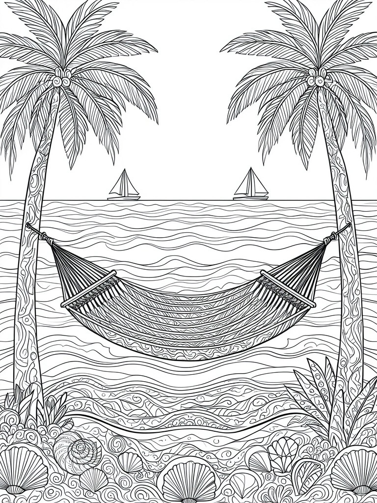 Coloring page of hammock between palm trees overlooking ocean with sailboats and shells.