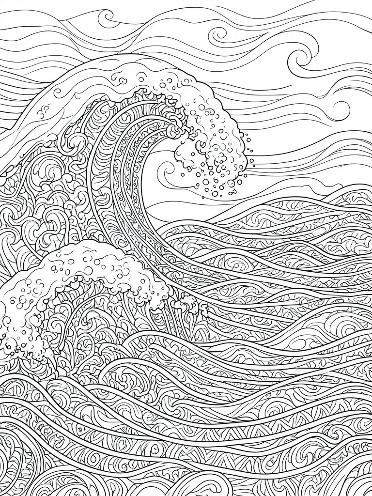 Intricate black-and-white line art of a large curling ocean wave with foam.