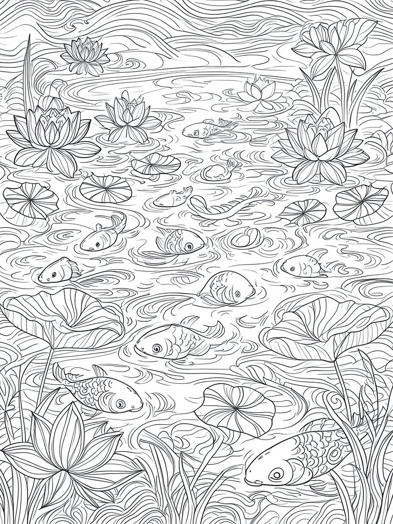 Coloring page of koi fish swimming among lotus flowers and lily pads in a pond.