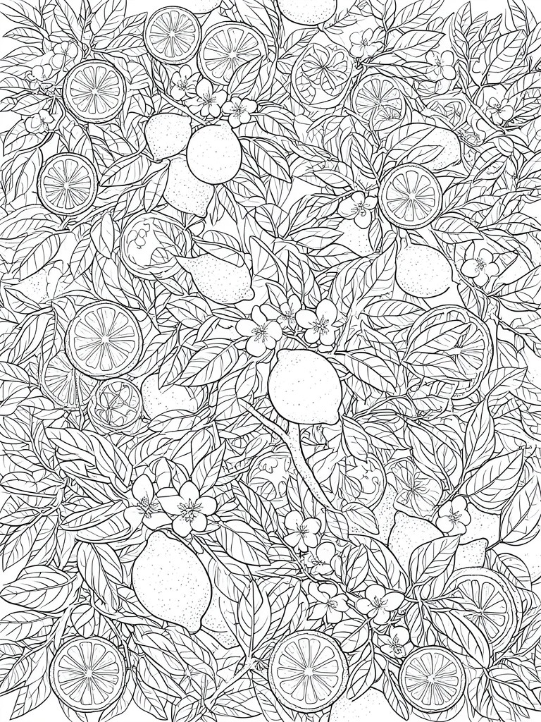 Dense black and white line art of lemons, slices, flowers and leafy branches.