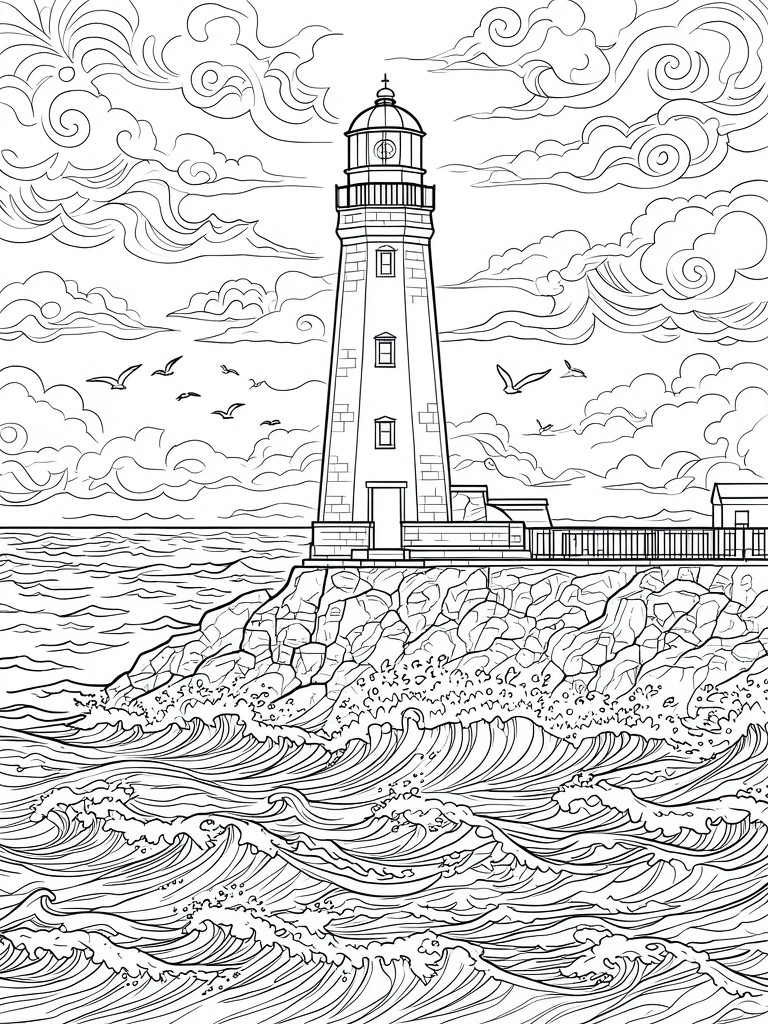 Black and white line art of lighthouse on rocky cliff with crashing waves and birds.
