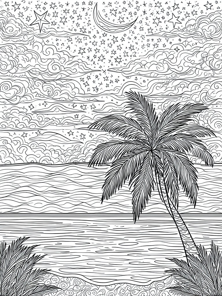 Starry night sky over ocean with crescent moon, clouds, and leaning palm tree.