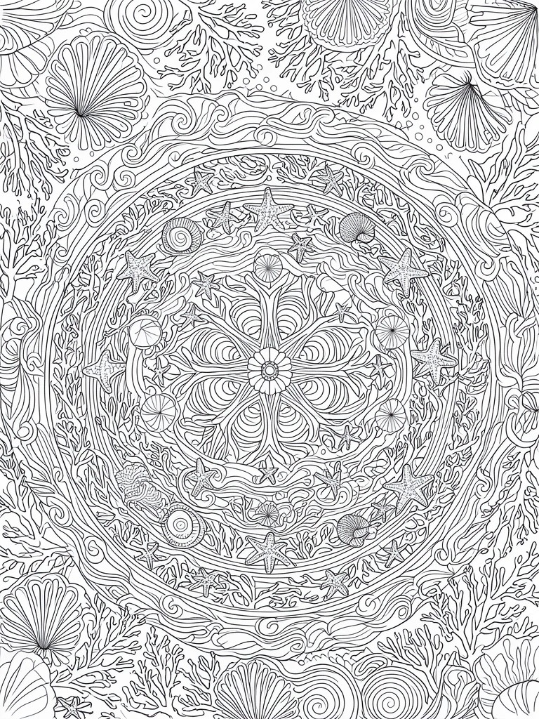 A black and white line drawing of a circular mandala filled with starfish, seashells, coral, and wave patterns arranged in concentric rings.