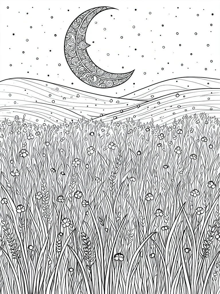 Black and white line drawing of a patterned crescent moon above rolling hills and a dense field of grass and flowers under a starry sky.