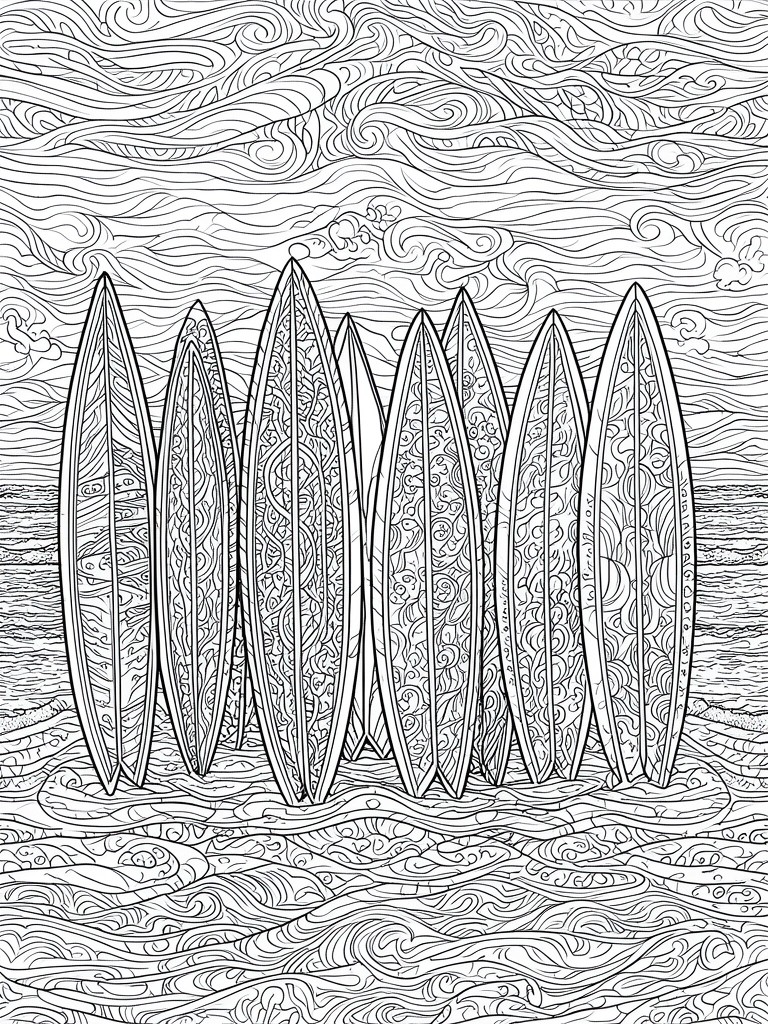 Line drawing of patterned surfboards standing on wavy beach sand.