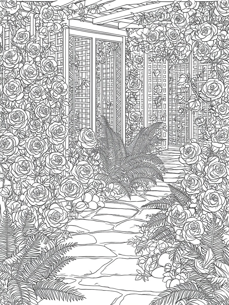 Black and white line drawing of a garden path lined with roses, ferns, and wooden trellises.