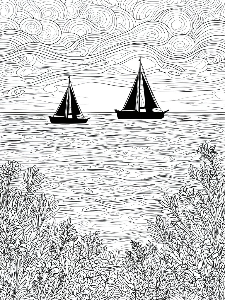 Black and white line drawing of two sailboats on wavy water with swirl-patterned clouds above and dense flowers and plants along the bottom foreground.