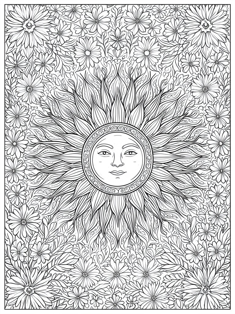Detailed line art of sun face with rays amid flowers and leaves