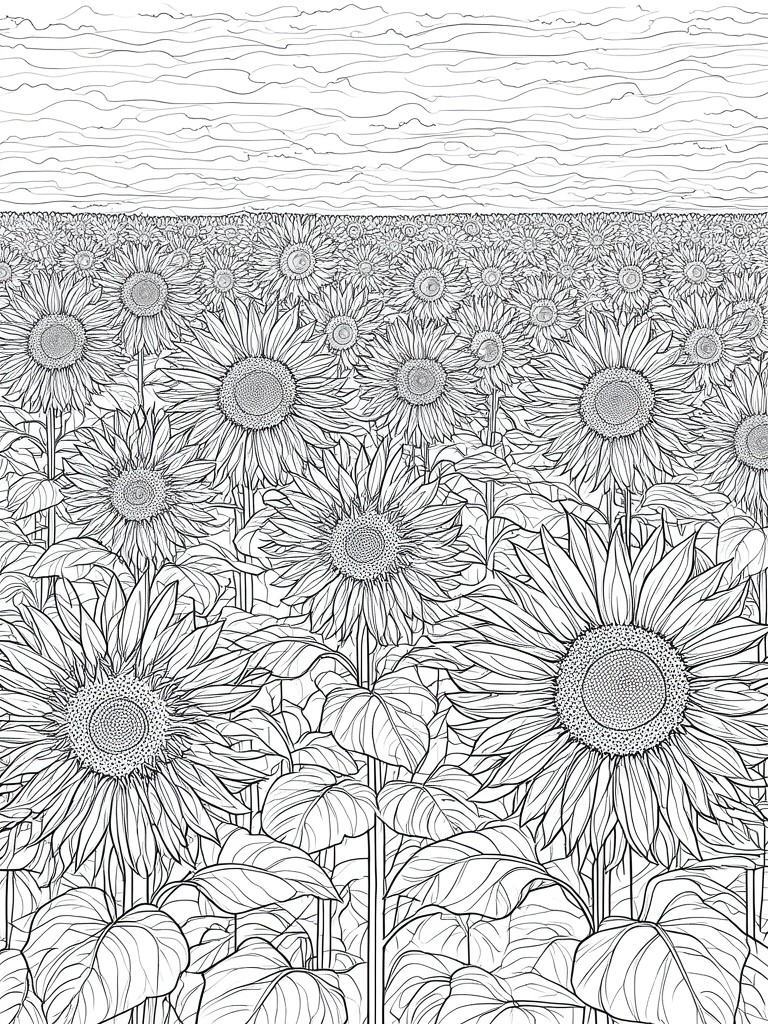 A black and white line drawing of a sunflower field with large flowers in front and rows of smaller ones behind under wavy sky lines.